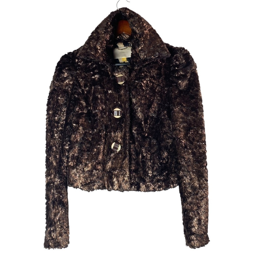 LEIFSDOTTIR Anthropologie Faux Fur Short Jacket Coat Quiet Luxury in Bronze Sz 2